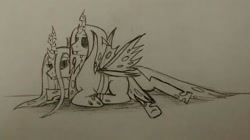 Size: 1743x979 | Tagged: safe, artist:cloriin, queen chrysalis, oc, oc:poisoned soul, changeling, changeling queen, canon x oc, changelingified, chrysalislover, monochrome, shipping, traditional art