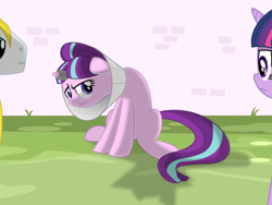 Size: 4000x3000 | Tagged: safe, artist:eagle1division, starlight glimmer, twilight sparkle, twilight sparkle (alicorn), alicorn, pony, unicorn, annoyed, elizabethan collar, female, floppy ears, frown, glare, horn ring, magic suppression, mare, punishment, pure unfiltered evil, royal guard, sitting, starlight gets what's coming to her