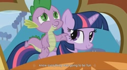 Size: 1559x861 | Tagged: safe, derpibooru import, screencap, spike, twilight sparkle, dragon, pony, the crystal empire, dragons riding ponies, riding, youtube caption, youtube link