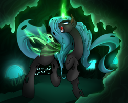 Size: 1500x1207 | Tagged: safe, artist:madacon, queen chrysalis, changeling, changeling queen, female, glowing horn, horn