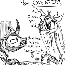 Size: 500x500 | Tagged: safe, artist:wuzzlefluff, king sombra, queen chrysalis, changeling, changeling queen, pony, unicorn, board game, cheating, checkers, dialogue, monochrome, sketch, solo
