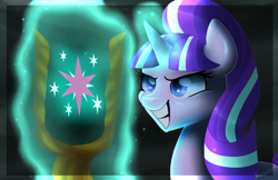 Size: 1024x663 | Tagged: safe, artist:karzii, starlight glimmer, twilight sparkle, twilight sparkle (alicorn), alicorn, pony, unicorn, the cutie map, female, grin, magic, mare, s5 starlight, scene interpretation, solo, staff, staff of sameness