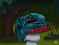 Size: 1155x893 | Tagged: safe, artist:razia, queen chrysalis, changeling, changeling queen, behaving like a cat, cute, cutealis, eyes closed, female, fly agaric, mushroom, sleeping, solo, toadstool