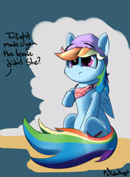 Size: 1900x2600 | Tagged: safe, artist:a8f12, derpibooru import, rainbow dash, pegasus, pony, bandana, beanie, blue coat, blushing, dialogue, hat, implied twilight sparkle, magenta eyes, offscreen character, rainbow tail, sitting, solo, wings