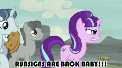 Size: 500x280 | Tagged: safe, edit, screencap, party favor, starlight glimmer, pony, unicorn, the cutie map, animated, discovery family, discovery family logo, image macro, meme, rubsign, transformers