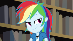 Size: 1280x720 | Tagged: safe, derpibooru import, screencap, rainbow dash, equestria girls, friendship games, book, bookshelf, clothes, cunning plan, faic, female, smug, solo