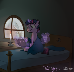 Size: 639x621 | Tagged: safe, artist:bonzoisawesome, derpibooru import, twilight sparkle, bed, book, candle, solo, winter