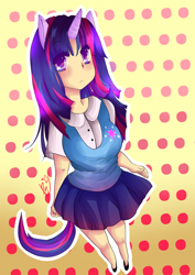 Size: 600x849 | Tagged: safe, artist:reeve-sama, derpibooru import, twilight sparkle, clothes, eared humanization, horned humanization, humanized, schoolgirl, solo, spots, tailed humanization