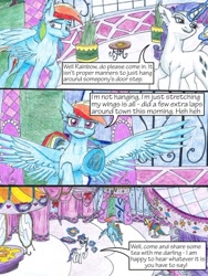 Size: 1024x1365 | Tagged: safe, artist:tillie-tmb, derpibooru import, rainbow dash, rarity, pegasus, pony, unicorn, comic:the amulet of shades, carousel boutique, comic, magic, traditional art, underhoof