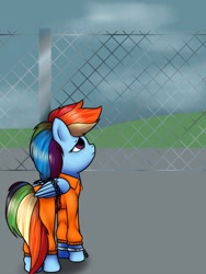 Size: 768x1024 | Tagged: safe, artist:globug100art, derpibooru import, rainbow dash, pegasus, pony, bound wings, chains, clothes, cuffs, fence, jail, prison, prison outfit, prisoner, prisoner rd, shackles, solo