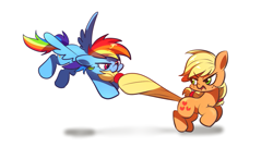 Size: 1301x701 | Tagged: safe, artist:sion-ara, derpibooru import, applejack, rainbow dash, earth pony, pegasus, pony, duo, flying, missing accessory, mouth hold, simple background, tail pull, white background