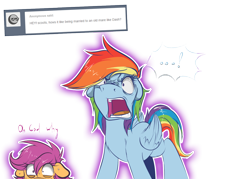 Size: 1400x1000 | Tagged: safe, artist:redheadfly, derpibooru import, rainbow dash, scootaloo, pegasus, pony, angry, ask, duo, female, floppy ears, lesbian, mare, older, scootadash, shipping, simple background, transparent background, tumblr, yelling