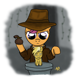 Size: 1100x1095 | Tagged: safe, artist:sgtgarand, derpibooru import, rainbow dash, scootaloo, pegasus, pony, clothes, faic, figurine, hat, idol, indiana jones, parody, raiders of the lost ark, smug, smugdash, solo