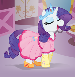 Size: 1000x1032 | Tagged: safe, artist:redflare500, derpibooru import, applejack, fluttershy, pinkie pie, rainbow dash, rarity, twilight sparkle, earth pony, pegasus, pony, unicorn, clothes, clothing transformation, dress, high heels, implied twilight sparkle, inanimate tf, jewelry, mane six, panties, socks, tiara, transformation, underwear