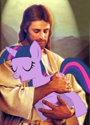 Size: 350x486 | Tagged: safe, derpibooru import, twilight sparkle, pony, eyes closed, holding a pony, hug, jesus christ, smiling