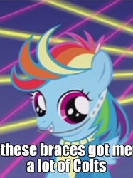 Size: 628x838 | Tagged: safe, derpibooru import, edit, edited screencap, screencap, rainbow dash, pegasus, pony, parental glideance, adorkable, braces, cropped, cute, dork, female, filly, filly rainbow dash, headgear, image macro, meme, solo, younger