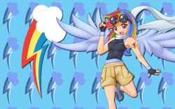 Size: 2560x1600 | Tagged: safe, artist:alicehumansacrifice0, artist:angriestangryartist, artist:ooklah, derpibooru import, edit, rainbow dash, human, armpits, cutie mark, cutie mark background, humanized, midriff, solo, wallpaper, wallpaper edit, winged humanization, wings