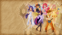 Size: 1920x1080 | Tagged: safe, artist:angriestangryartist, artist:jamey4, derpibooru import, edit, applejack, fluttershy, pinkie pie, rainbow dash, rarity, twilight sparkle, human, humanized, mane six, wallpaper, wallpaper edit, winged humanization, wings