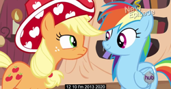 Size: 800x416 | Tagged: safe, derpibooru import, screencap, applejack, rainbow dash, earth pony, pegasus, pony, daring don't, hub logo, meme, national random holiday party day, new episode, numbers, party stetson, youtube caption