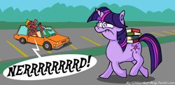 Size: 975x471 | Tagged: safe, artist:brutamod, artist:cybersp0nge, derpibooru import, crackle, garble, twilight sparkle, dragon, 30 minute art challenge, book, car, nerd, parking lot, parody, revenge of the nerds, the simpsons