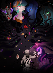 Size: 4000x5495 | Tagged: safe, artist:thenornonthego, king sombra, princess celestia, princess luna, queen chrysalis, human, unicorn, fanfic art, fanfic cover