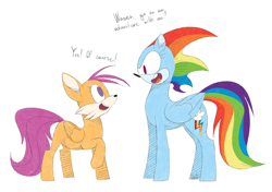 Size: 1280x900 | Tagged: safe, artist:ogaraorcynder, derpibooru import, rainbow dash, scootaloo, pegasus, pony, crossover, duo, miles "tails" prower, sonic the hedgehog, sonic the hedgehog (series), sonicified, wat