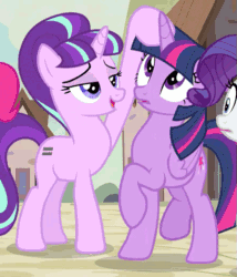 Size: 443x517 | Tagged: safe, screencap, pinkie pie, rarity, starlight glimmer, twilight sparkle, twilight sparkle (alicorn), alicorn, pony, unicorn, the cutie map, animated, creepy, female, hilarious in hindsight, i need an adult, mare, meme in the description, personal space invasion, touching face