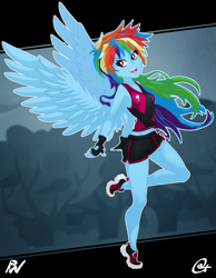 Size: 1480x1908 | Tagged: safe, artist:oatmeal, artist:pixel's workstation, derpibooru import, rainbow dash, human, clothes, gloves, humanized, shorts, solo, tanktop, winged humanization, wings