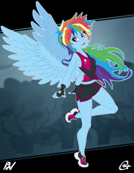 Size: 1480x1908 | Tagged: safe, artist:oatmeal, artist:pixel's workstation, derpibooru import, rainbow dash, human, clothes, gloves, humanized, pony coloring, shorts, solo, tanktop, winged humanization, wings