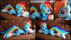 Size: 2314x1312 | Tagged: safe, artist:rosamariposacrafts, derpibooru import, rainbow dash, pony, clothes, irl, photo, plushie, prone, rainbow socks, socks, solo, striped socks