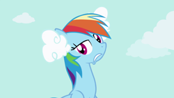 Size: 1920x1090 | Tagged: safe, derpibooru import, screencap, rainbow dash, pegasus, pony, griffon the brush off, cloud, ear plugs, solo