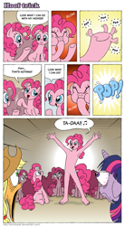 Size: 773x1402 | Tagged: safe, artist:schizopie, derpibooru import, applejack, pinkie pie, twilight sparkle, anthro, earth pony, pony, unicorn, too many pinkie pies, clone, clones, comic, eye bulging, eye popping, featureless crotch, female, hand, hilarious in hindsight, jaw drop, mare, mutant, mutation, pinkie clone, transformation