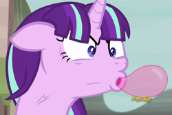 Size: 1075x717 | Tagged: safe, edit, edited screencap, screencap, starlight glimmer, pony, unicorn, the cutie map, angry, blowing, bubblegum, discovery family logo, floppy ears, focus, food, gum, image macro, meme, ragelight glimmer, solo