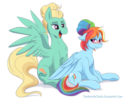 Size: 3000x2400 | Tagged: safe, artist:thenornonthego, derpibooru import, rainbow dash, zephyr breeze, pegasus, pony, alternate hairstyle, blushing, cute, female, looking back, male, mane styling, mare, shipping, simple background, smiling, stallion, straight, tsunderainbow, tsundere, white background, zephdash