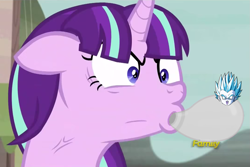 Size: 1075x717 | Tagged: safe, edit, edited screencap, screencap, starlight glimmer, ghost, the cutie map, angry, blowing, discovery family logo, dragon ball z, floppy ears, focus, image macro, meme, ragelight glimmer, solo, super ghost kamikaze attack, wat