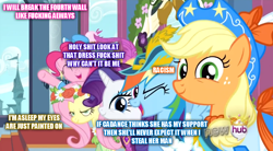 Size: 850x469 | Tagged: safe, derpibooru import, applejack, fluttershy, pinkie pie, rainbow dash, rarity, earth pony, pegasus, pony, unicorn, magical mystery cure, blue text, female, image macro, male, pink text, purple text, shiningdash, shipping, straight, vulgar