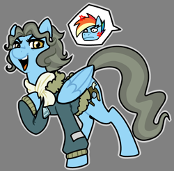 Size: 2118x2081 | Tagged: safe, artist:/d/non, derpibooru import, rainbow blitz, rainbow dash, wind rider, pegasus, pony, 30 minute art challenge, bomber jacket, clothes, cross-popping veins, female, gray background, hoof on chest, jacket, male, rule 63, simple background