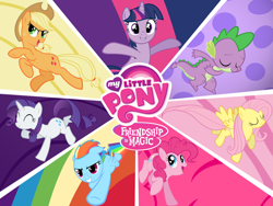 Size: 1600x1200 | Tagged: safe, artist:neodarkwing, derpibooru import, applejack, fluttershy, pinkie pie, rainbow dash, rarity, spike, twilight sparkle, dragon, earth pony, pegasus, pony, unicorn, logo, mane seven, mane six, my little pony logo, vector, wallpaper