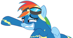 Size: 3825x1988 | Tagged: safe, artist:sketchmcreations, derpibooru import, rainbow dash, pegasus, pony, parental glideance, clothes, embarrassed, goggles, rainbow dash is best facemaker, raised hoof, simple background, solo, transparent background, uniform, vector, wonderbolts uniform