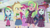 Size: 1136x638 | Tagged: safe, derpibooru import, screencap, applejack, lemon zest, pinkie pie, rainbow dash, sunny flare, dance magic, equestria girls, spoiler:eqg specials, bowtie, canterlot mall, clothes, crystal prep academy uniform, excited, eyes closed, female, group, happy, hat, headphones, heart, jumping, mall, open mouth, school uniform, shoes, skirt, socks, teletoon