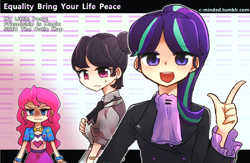 Size: 1280x832 | Tagged: safe, artist:c-minded, pinkie pie, starlight glimmer, sugar belle, human, the cutie map, clothes, engrish, equestria girls outfit, humanized, skirt