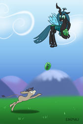 Size: 675x1000 | Tagged: safe, artist:empyu, cranky doodle donkey, queen chrysalis, changeling, changeling queen, donkey, nymph, egg, mommy chrissy