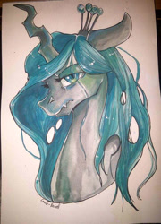 Size: 667x927 | Tagged: safe, artist:corelle-vairel, queen chrysalis, changeling, changeling queen, female, looking at you, sad, solo, traditional art