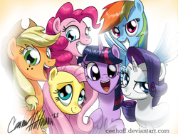 Size: 2354x1771 | Tagged: safe, artist:ceehoff, derpibooru import, applejack, fluttershy, pinkie pie, rainbow dash, rarity, twilight sparkle, twilight sparkle (alicorn), alicorn, earth pony, pegasus, pony, unicorn, cute, female, mane six, mare, smiling