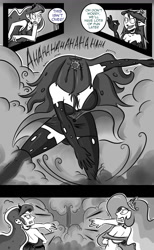 Size: 800x1300 | Tagged: safe, artist:tigerdehavilland, princess celestia, princess luna, queen chrysalis, human, confrontation, humanized, monochrome, tumblr comic