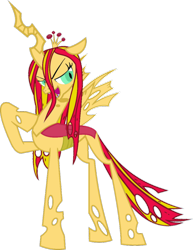 Size: 786x1016 | Tagged: safe, artist:blah23z, queen chrysalis, sunset shimmer, changeling, changeling queen, pony, changelingified, palette swap, recolor, simple background, solo, species swap