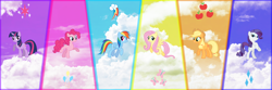 Size: 6000x2000 | Tagged: safe, derpibooru import, applejack, fluttershy, pinkie pie, rainbow dash, rarity, twilight sparkle, earth pony, pegasus, pony, unicorn, absurd resolution, cutie mark, line-up, mane six, sky, wallpaper