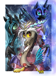 Size: 880x1200 | Tagged: safe, artist:karmamoonshadow, discord, nightmare moon, queen chrysalis, changeling, changeling queen, female, horn