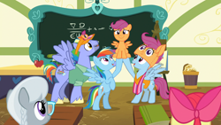 Size: 1920x1080 | Tagged: safe, derpibooru import, screencap, apple bloom, bow hothoof, rainbow dash, scootaloo, silver spoon, windy whistles, earth pony, pegasus, pony, parental glideance, classroom, food, pasta and potato sandwich on sourdough, rainbow dash's parents, sandwich, scootahat, scootalove, windyhoof