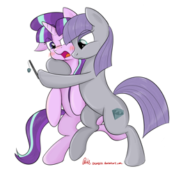 Size: 2629x2557 | Tagged: safe, artist:orang111, maud pie, starlight glimmer, pony, unicorn, the cutie map, blushing, duo, hilarious in hindsight, hug, phone, self shot, selfie, starmaud, wrong cutie mark